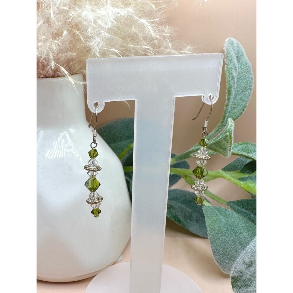 Olive Green & Crystal Dangle Earrings - Picture 3 of 4